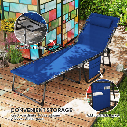 Folding Outdoor Chaise Lounge Chair Tanning Chair with 5-Level Adjustable Back, Side Table, Pillow, Pocket, Dark Blue