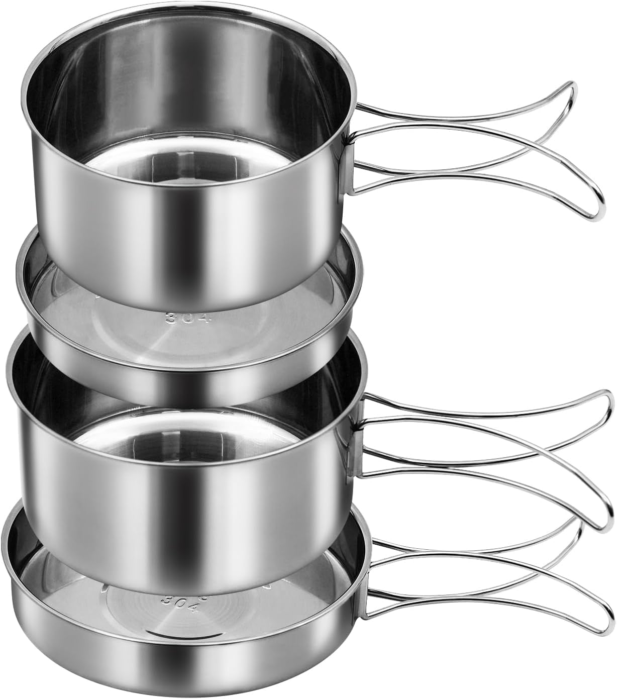 4-piece 18/8 stainless steel camp pot set with folding handles