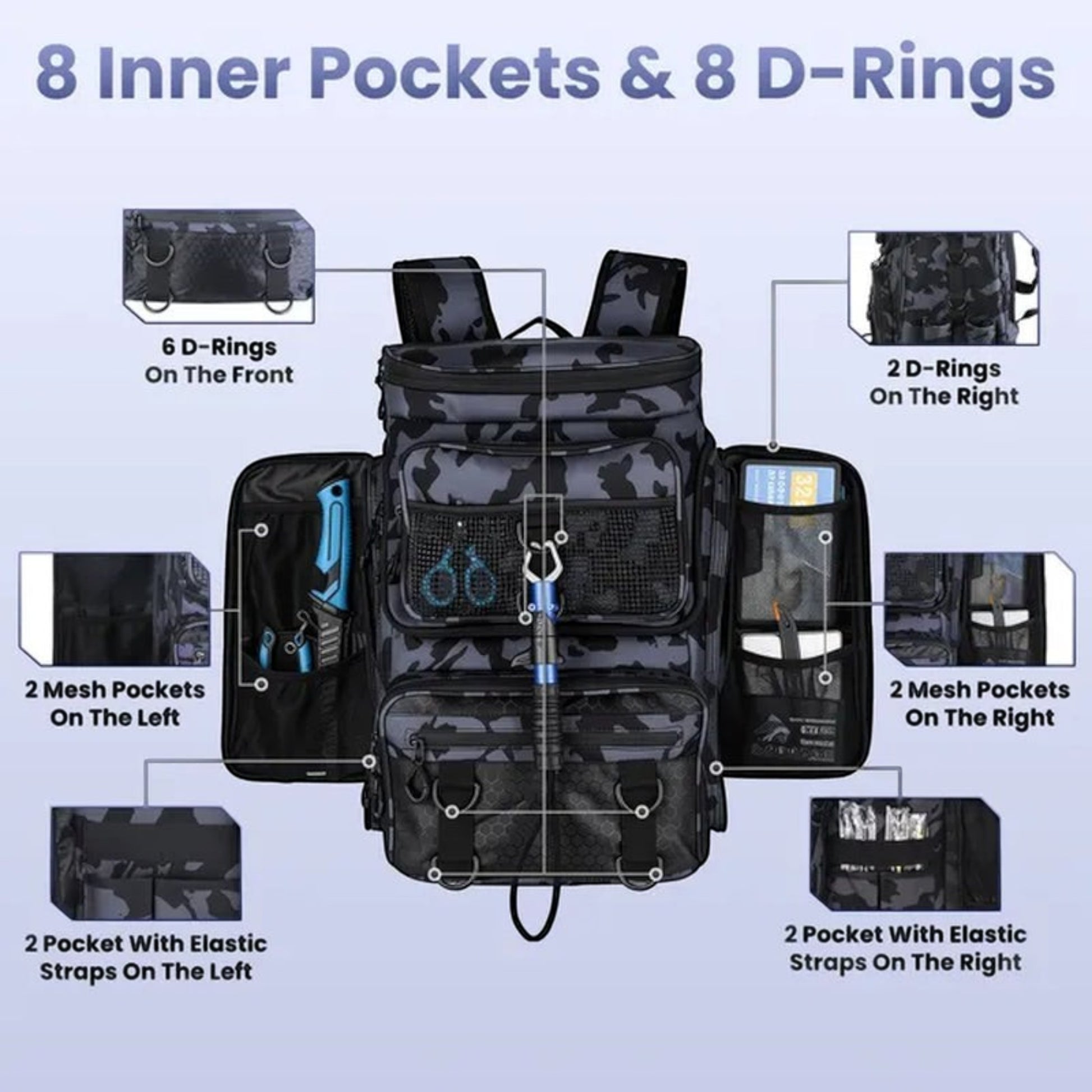 42L&11Gal Fishing Backpack Large Capacity Fishing Tackle Storage Bag with Rod Holders 16-Pocket Water-Resistant with Divider Adjustable Padded Straps for Fishing Gear Outdoor Camping Hiking