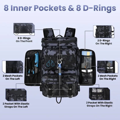 42L&11Gal Fishing Backpack Large Capacity Fishing Tackle Storage Bag with Rod Holders 16-Pocket Water-Resistant with Divider Adjustable Padded Straps for Fishing Gear Outdoor Camping Hiking