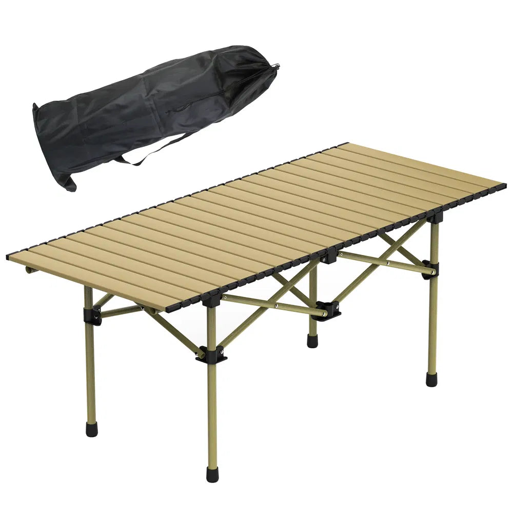 Roll-up folding camp table in heavy-duty carbon steel, set up outdoors