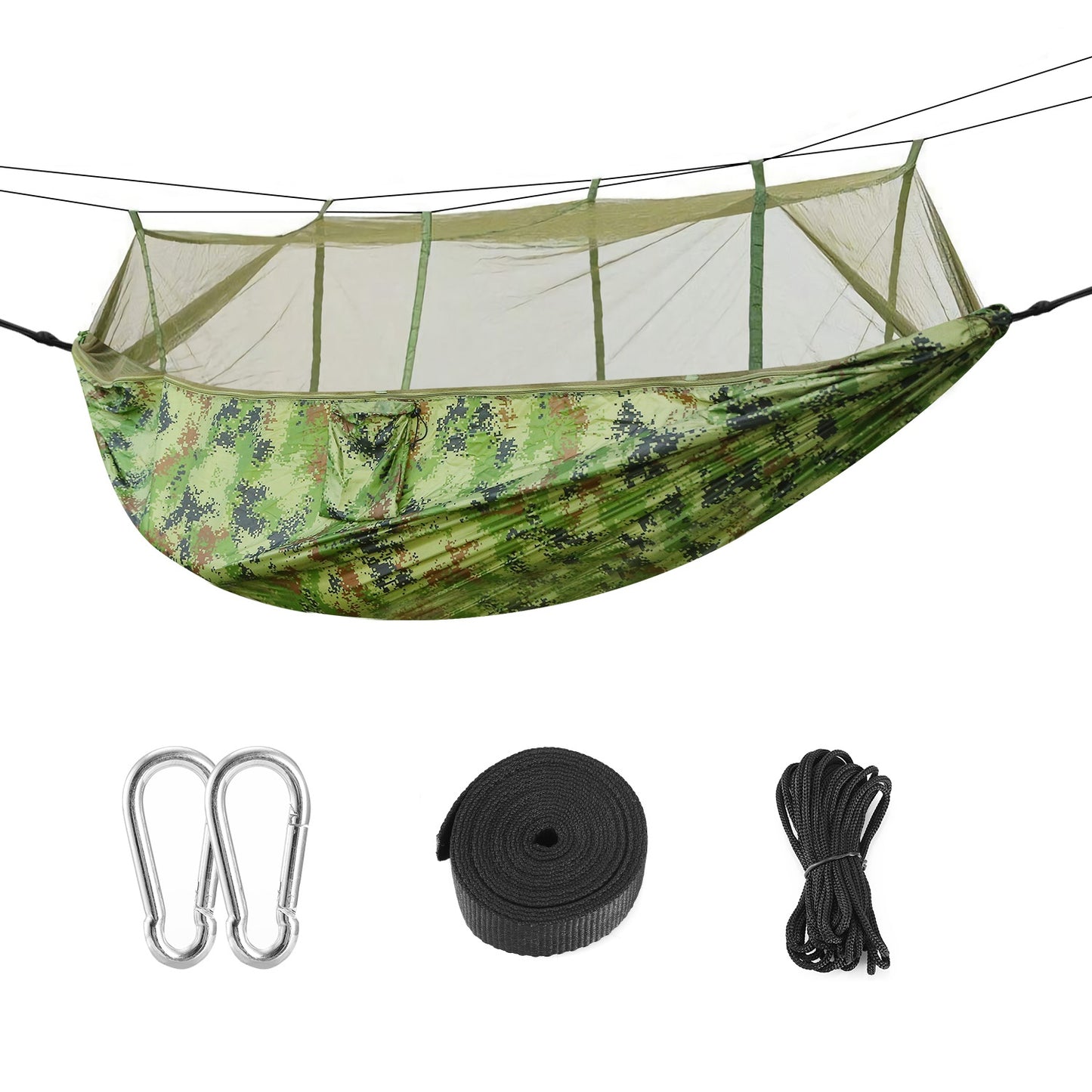 Double camping hammock with zip-up mosquito net hung between trees