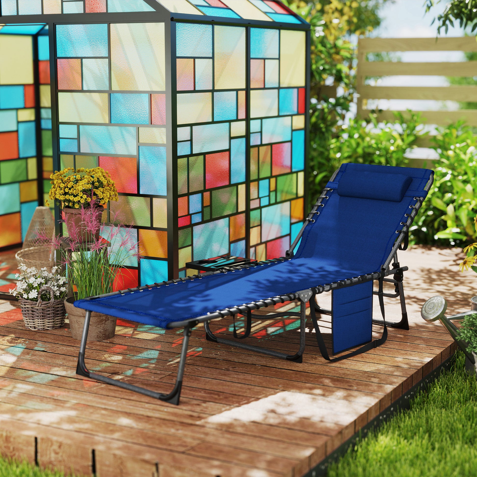 Outdoor lounge chair reclined flat with fold-out side table in dark blue