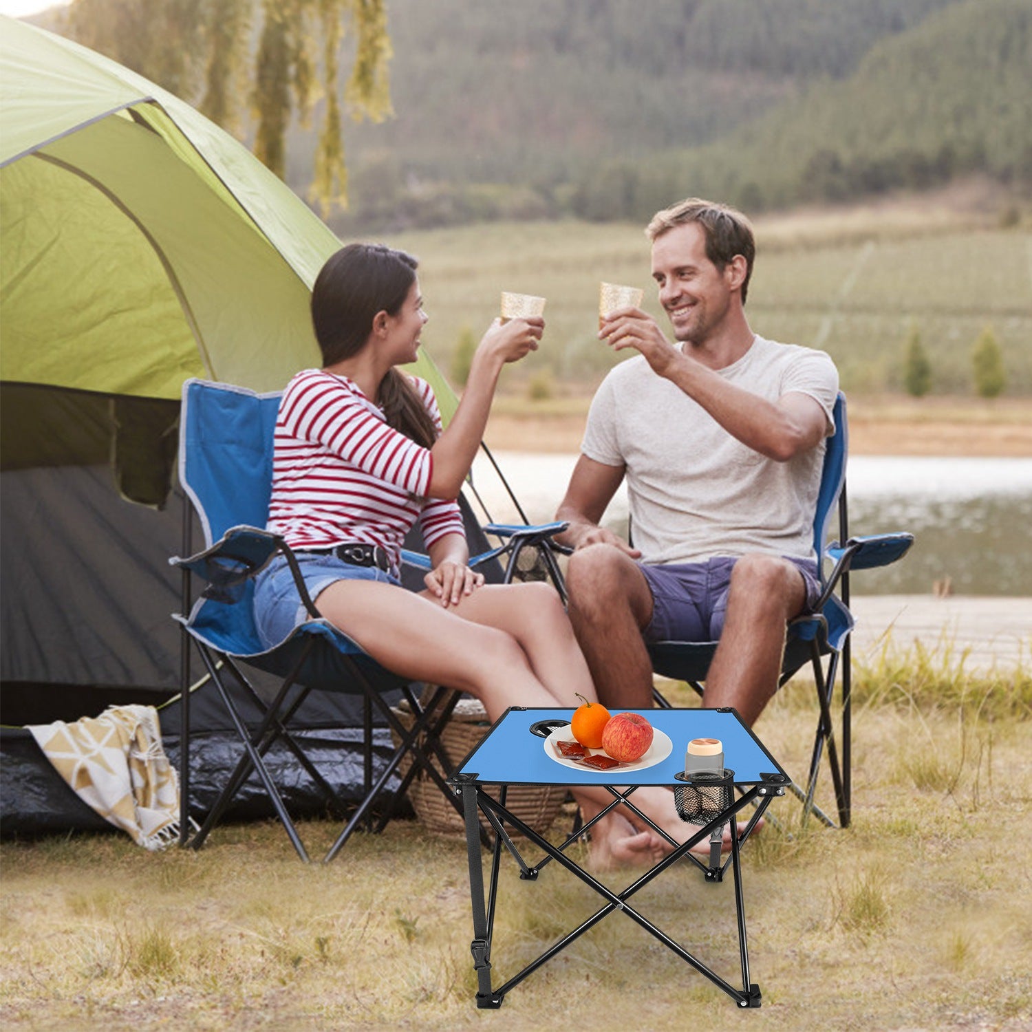 1Pc 2Pc Options Foldable Camping Table Portable Picnic Table Lightweight Travel Desk with 2 Cup Holders Carrying Bag Color Options Black Orange Green Red Blue Navy Blue