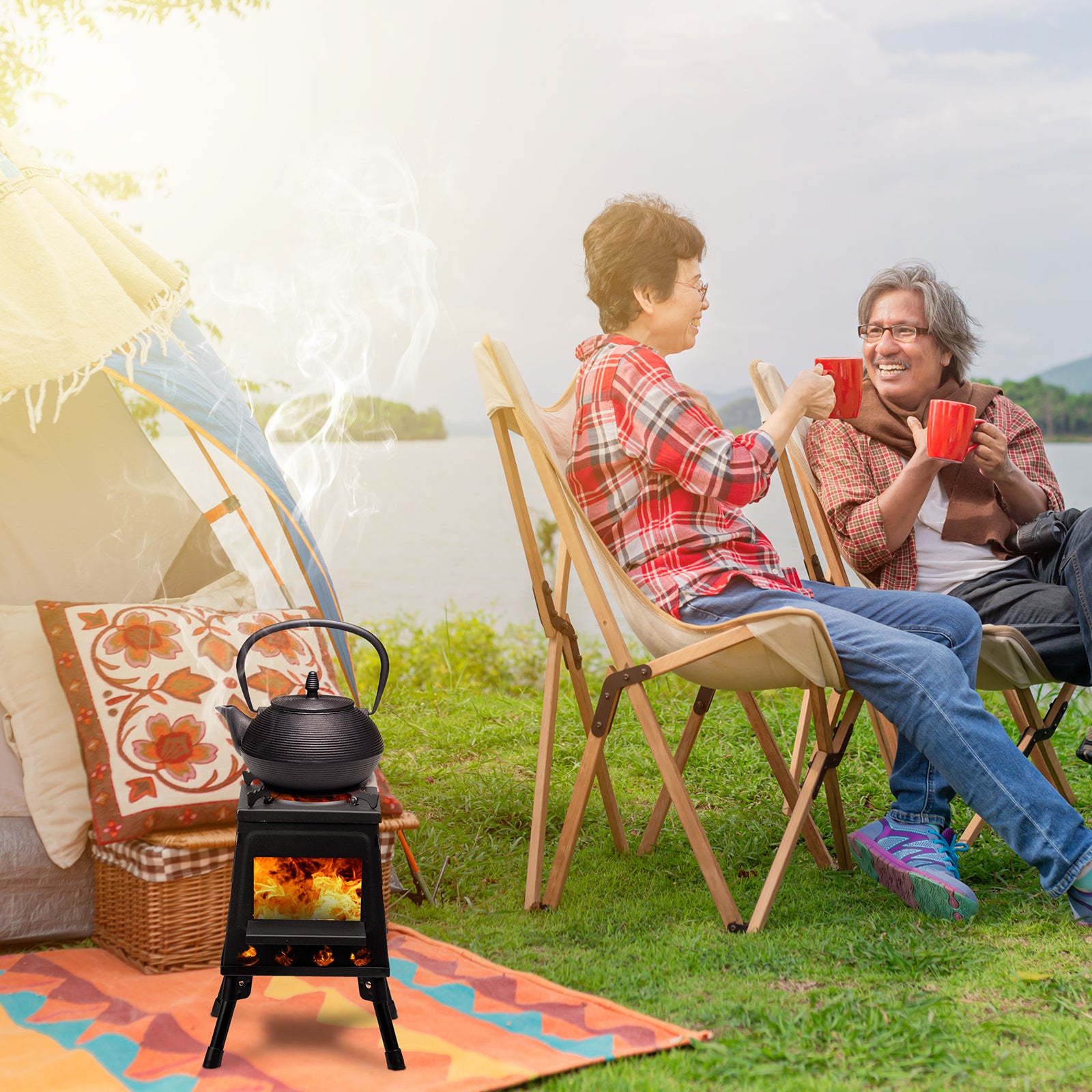 Wood-burning camping stove packed completely flat for transport