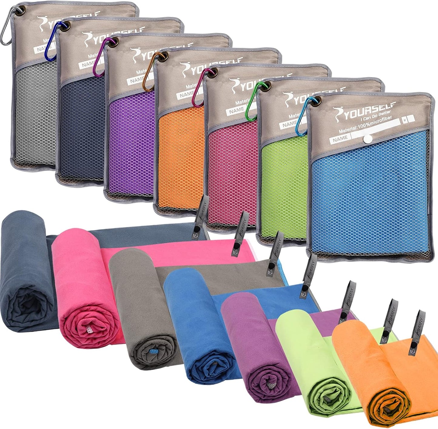 Quick-dry microfiber camping towel that packs into a mesh pouch
