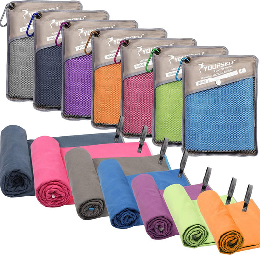 Quick-dry microfiber camping towel that packs into a mesh pouch