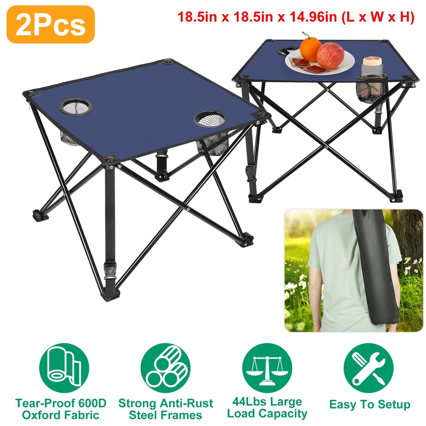 1Pc 2Pc Options Foldable Camping Table Portable Picnic Table Lightweight Travel Desk with 2 Cup Holders Carrying Bag Color Options Black Orange Green Red Blue Navy Blue