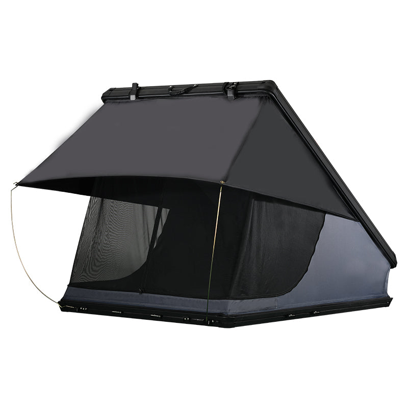 Hardshell rooftop tent mounted on an SUV with the ladder extended