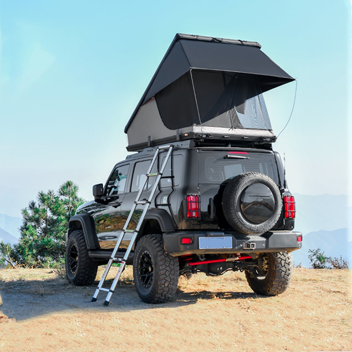 Overland rooftop tent open and ready to sleep two to three people