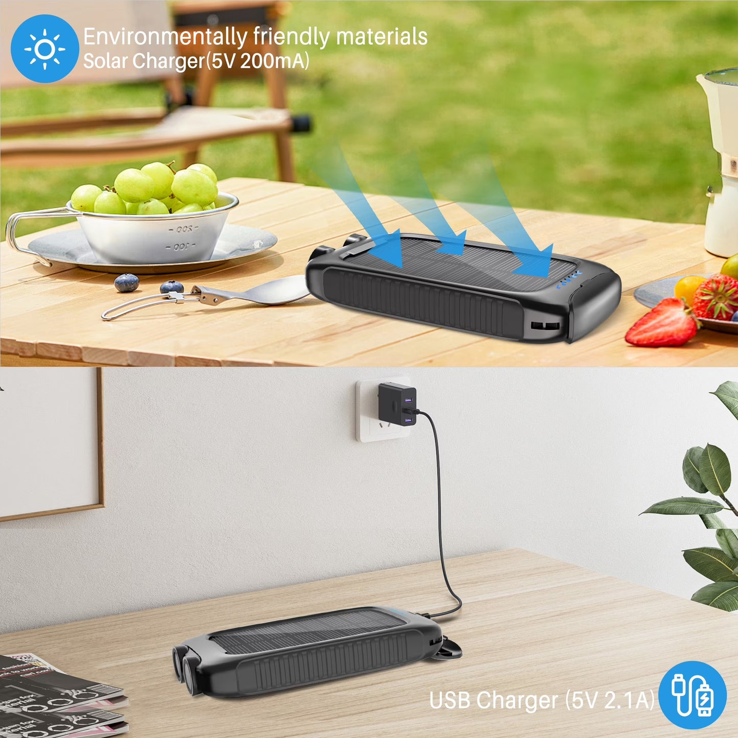 Weatherproof solar charger with wireless charging pad and carabiner