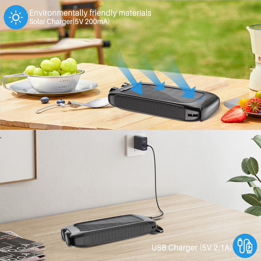 Weatherproof solar charger with wireless charging pad and carabiner