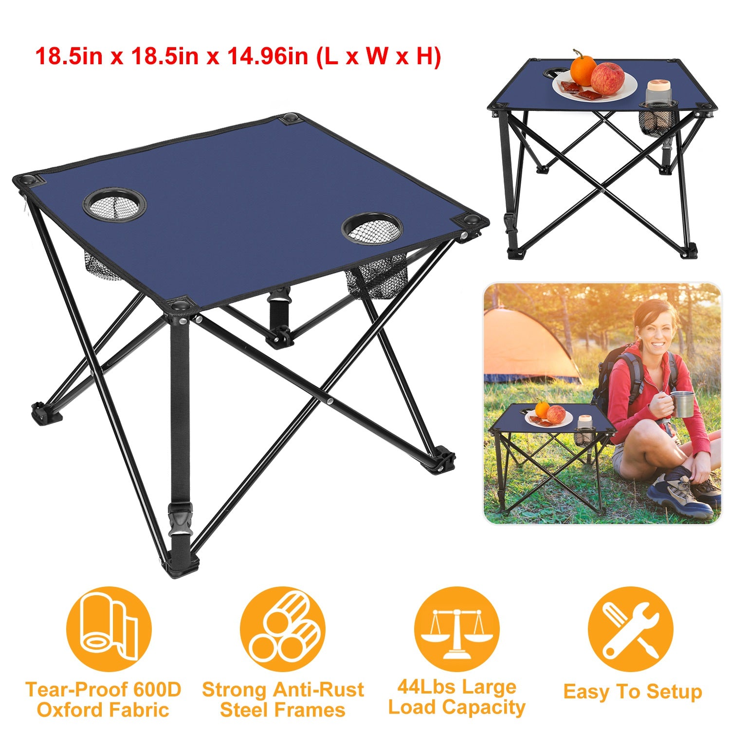1Pc 2Pc Options Foldable Camping Table Portable Picnic Table Lightweight Travel Desk with 2 Cup Holders Carrying Bag Color Options Black Orange Green Red Blue Navy Blue