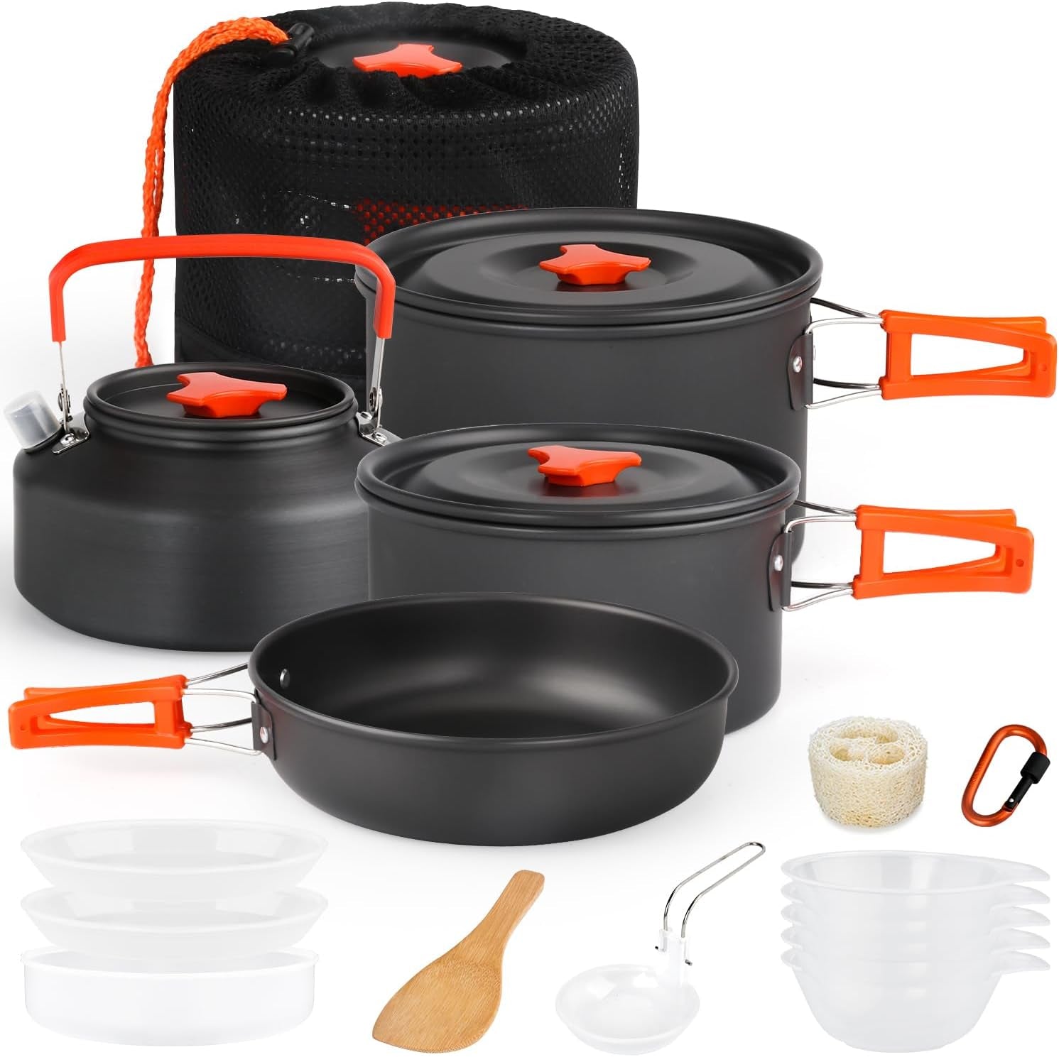 Non-stick camping cookware set with nesting pots, pans and bowls