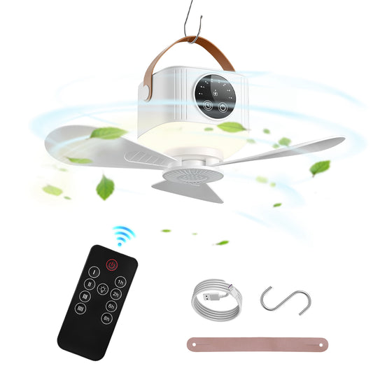 Rechargeable tent ceiling fan with light and remote hanging from a tent peak