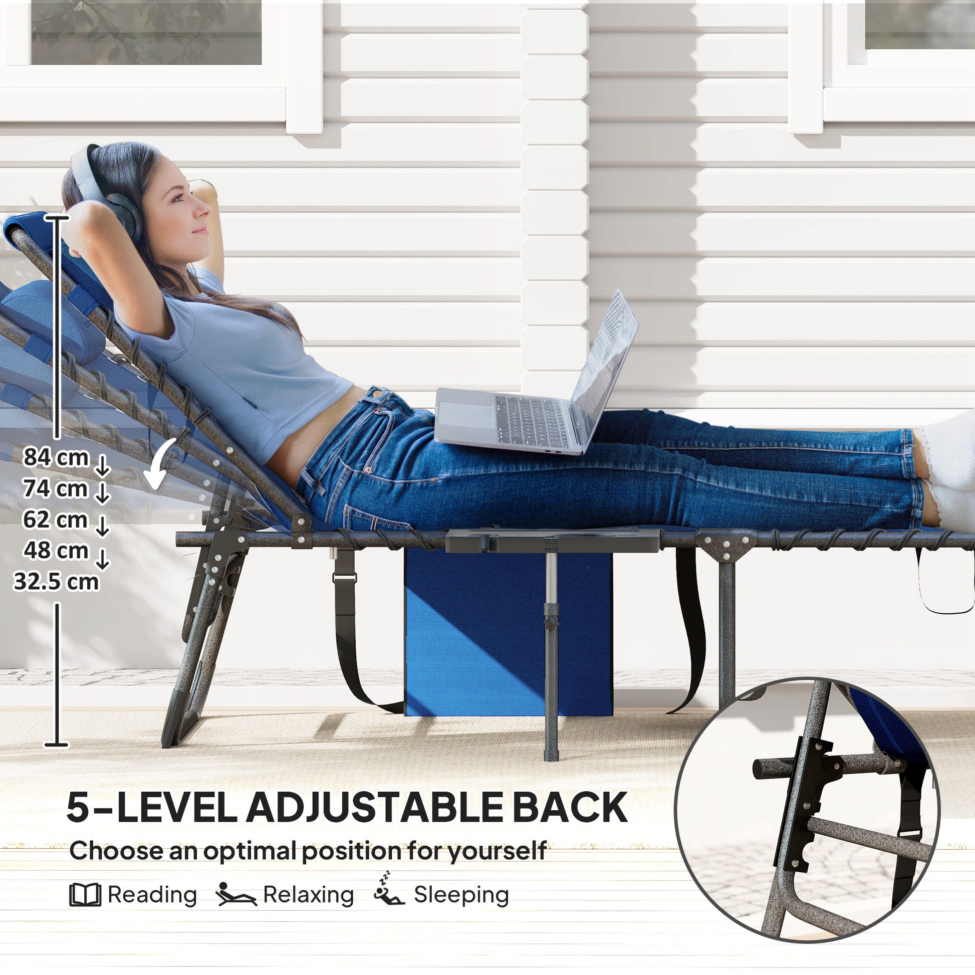Folding Outdoor Chaise Lounge Chair Tanning Chair with 5-Level Adjustable Back, Side Table, Pillow, Pocket, Dark Blue
