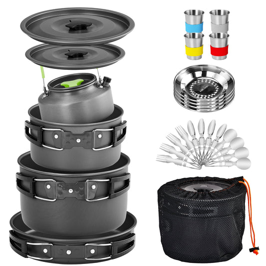 Camping cookware set for 2 to 4 people with nesting pots and pan