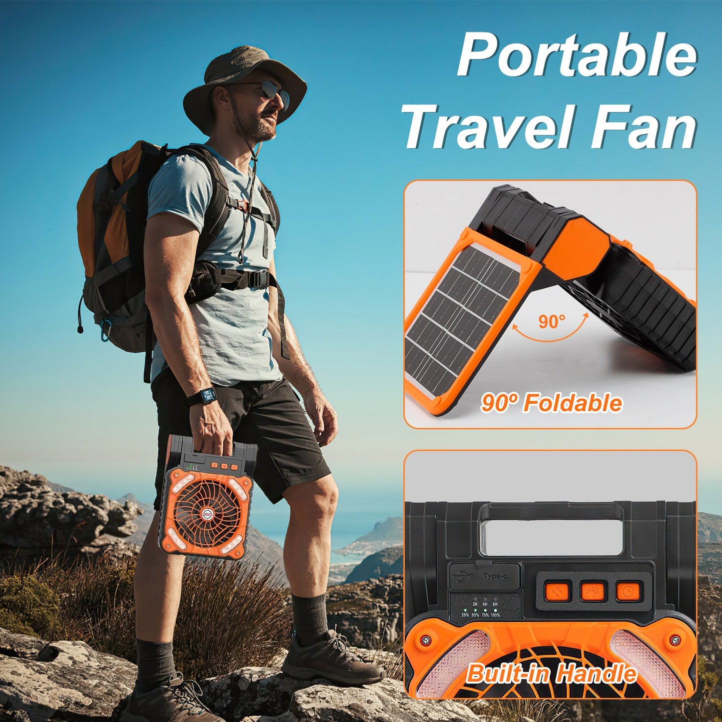 1Pc Solar Camping Fan with LED Lantern 5200Mah Rechargeable Battery Operated Portable Fan with Emergency Power Bank 4 Wind Speeds 3 Light Modes 3 Timers for Hiking Fishing Travel