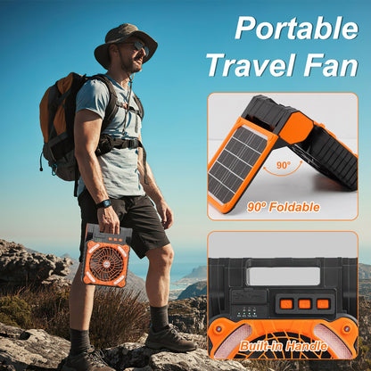 1Pc Solar Camping Fan with LED Lantern 5200Mah Rechargeable Battery Operated Portable Fan with Emergency Power Bank 4 Wind Speeds 3 Light Modes 3 Timers for Hiking Fishing Travel