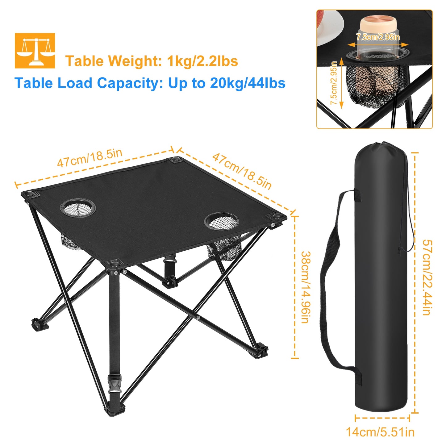 1Pc 2Pc Options Foldable Camping Table Portable Picnic Table Lightweight Travel Desk with 2 Cup Holders Carrying Bag Color Options Black Orange Green Red Blue Navy Blue