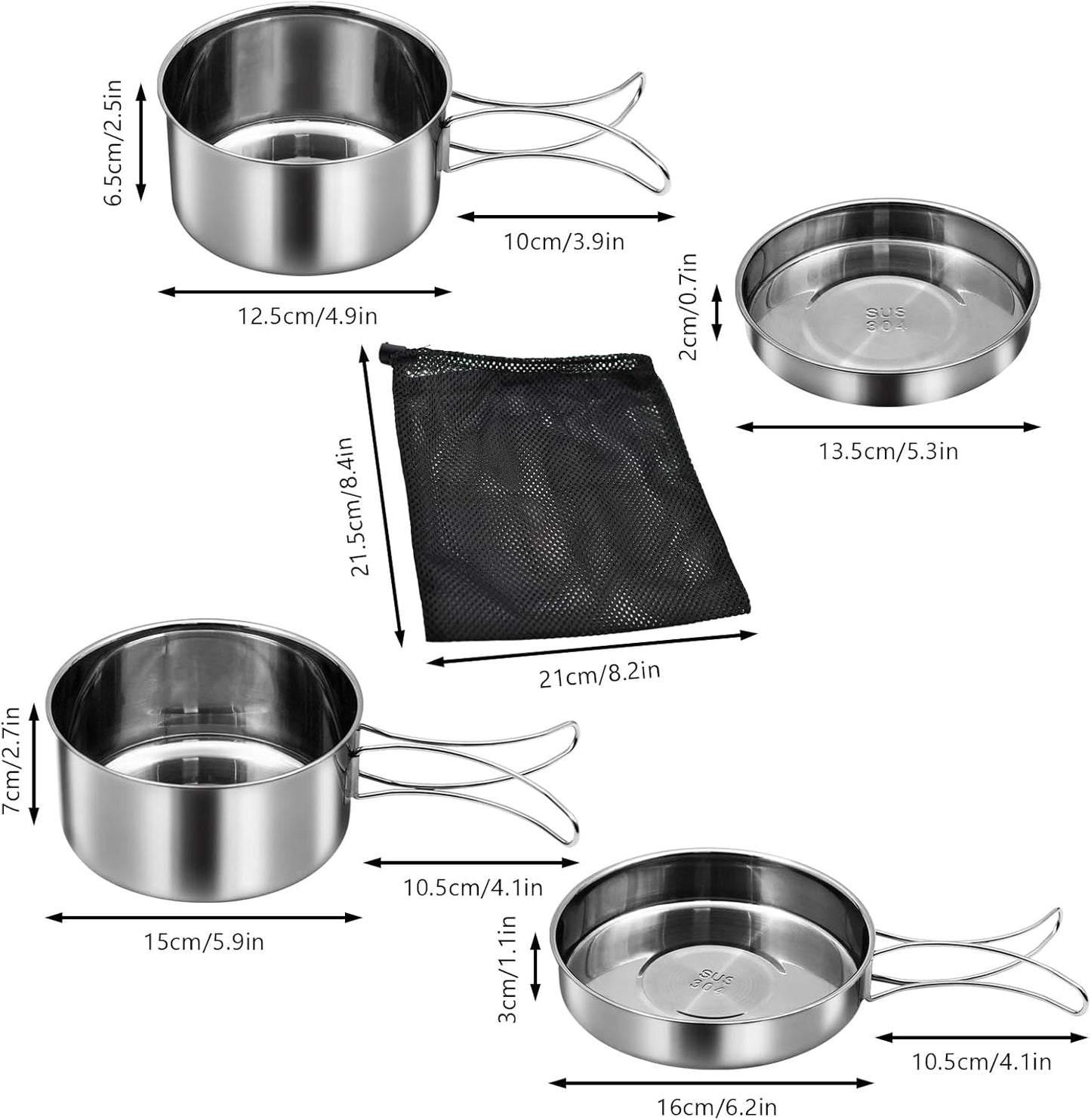 18/8 Stainless Steel Camping Cook Pot Set of 4 Pcs, Camping Messware Kit, Camping Cooking Set, Backpacking Camping Cookware, Picnic Camping Cooking Mess Kit