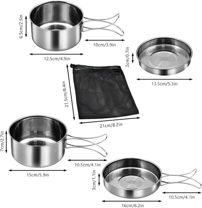 18/8 Stainless Steel Camping Cook Pot Set of 4 Pcs, Camping Messware Kit, Camping Cooking Set, Backpacking Camping Cookware, Picnic Camping Cooking Mess Kit