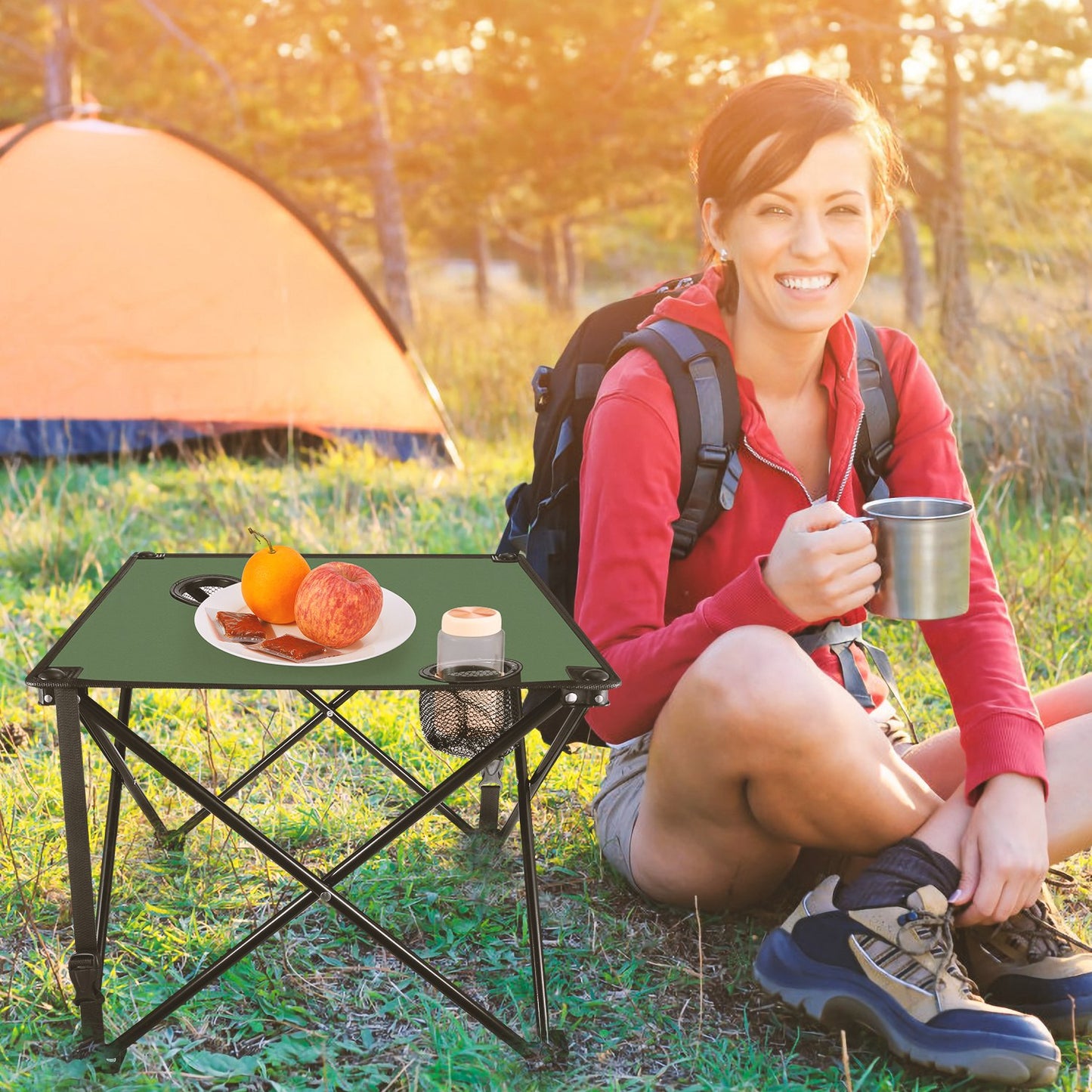 1Pc 2Pc Options Foldable Camping Table Portable Picnic Table Lightweight Travel Desk with 2 Cup Holders Carrying Bag Color Options Black Orange Green Red Blue Navy Blue