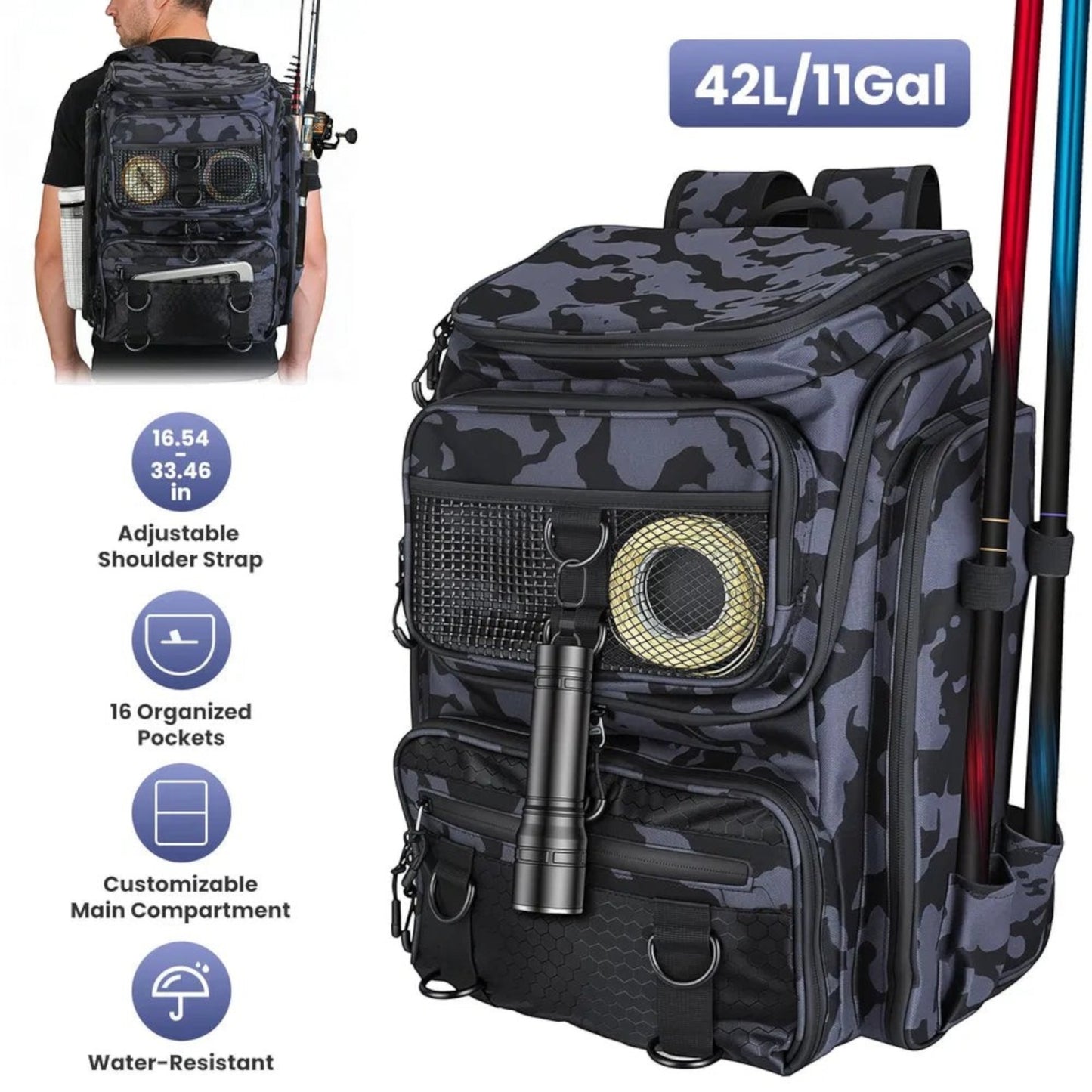 Fishing backpack open showing tackle tray divider and organizer pockets