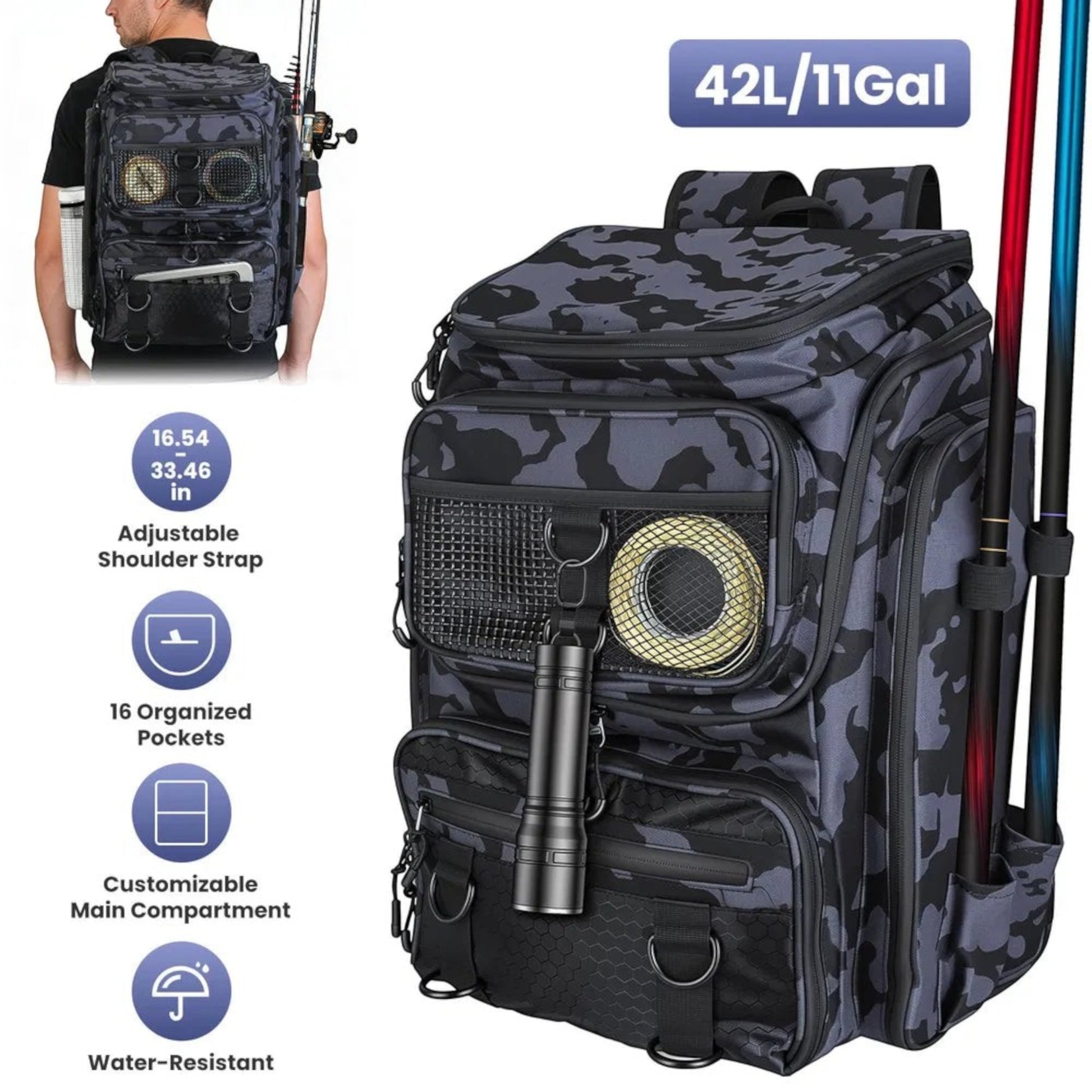 Fishing backpack open showing tackle tray divider and organizer pockets
