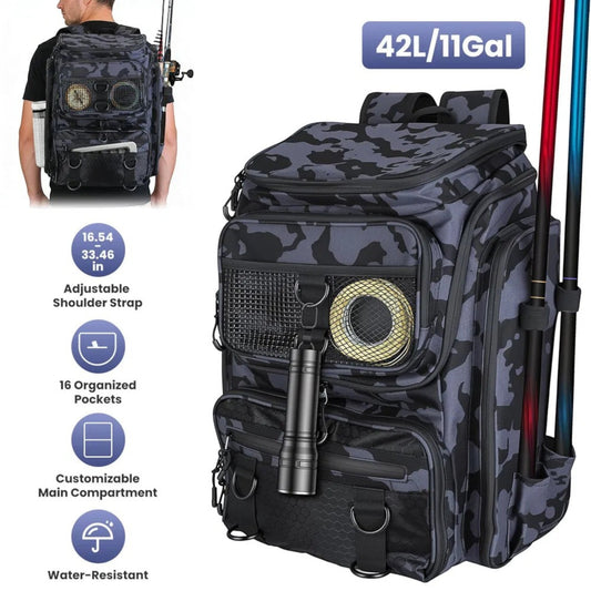 Fishing backpack open showing tackle tray divider and organizer pockets