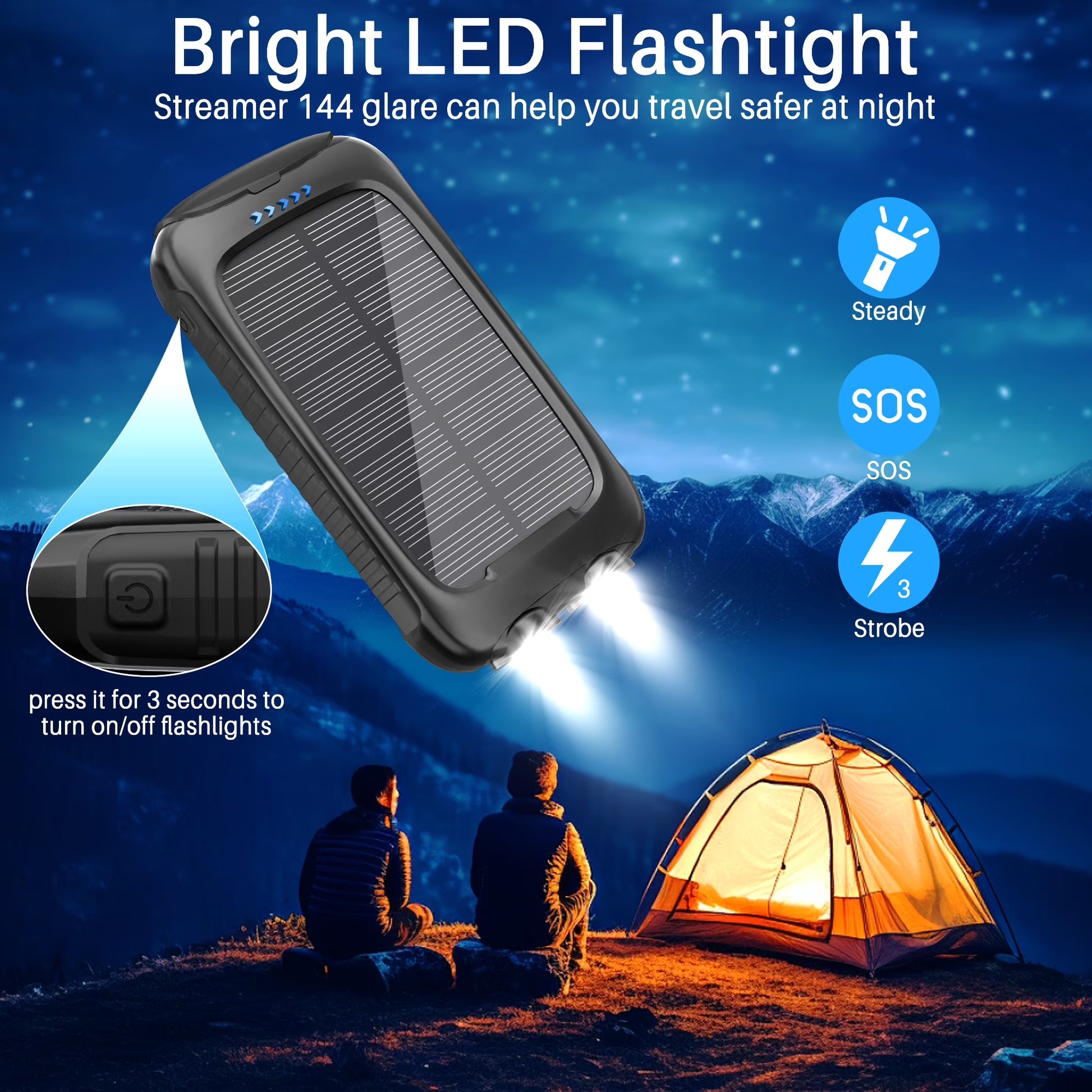 38800Mah Solar Charger Portable Solar Power Bank with Dual 5V USB Ports, Dual Flashlight for Camping(Black)