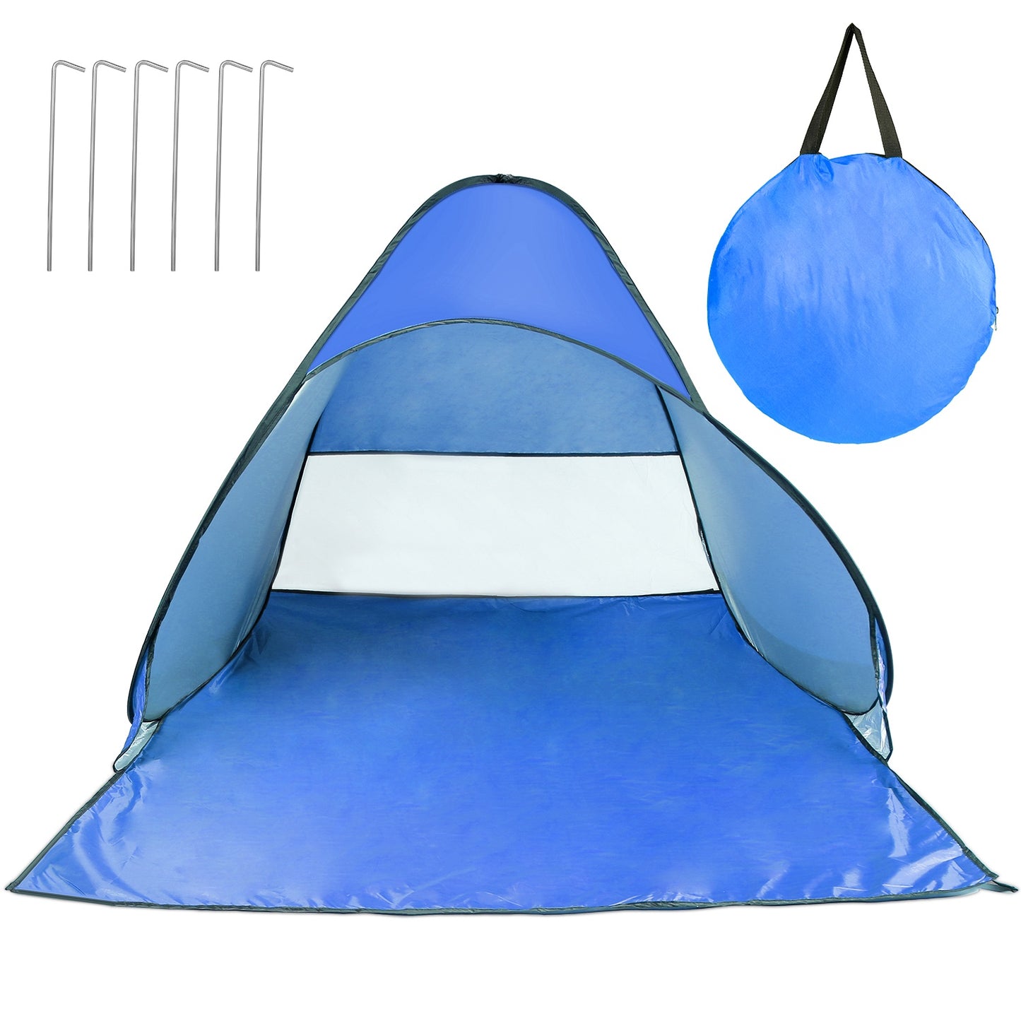 Beach shade tent with mesh window for airflow, pitched on sand