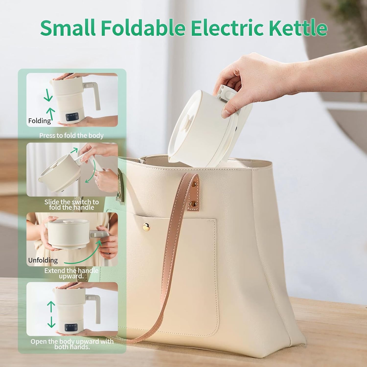 Portable Electric Kettle-Foldable Travel Water Boiler, 20Oz Collapsible Small Electric Kettle with 4-Temp Presets for Hotel, Office, Camping