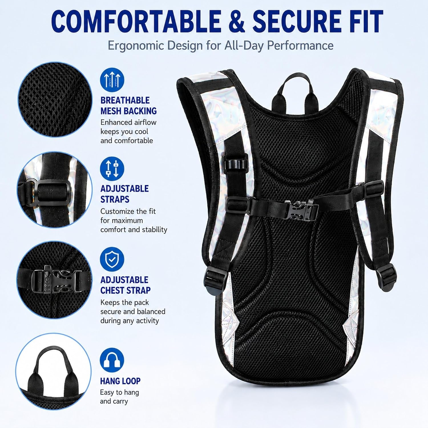 Reflective Hydration Backpack, Hydration Pack - Water Backpack with 2L Hydration Bladder, Essential for Festivals - Rave Hydration Pack for Hiking, Running, Cycling, and Festivals