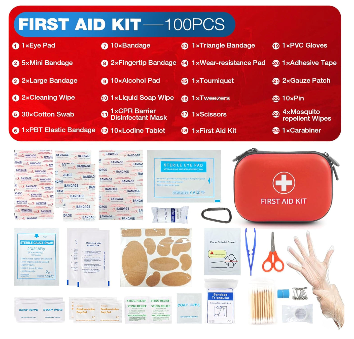 All-In-One Compact First Aid Kit with Waterproof Hard Shell Case - 100 PCS
