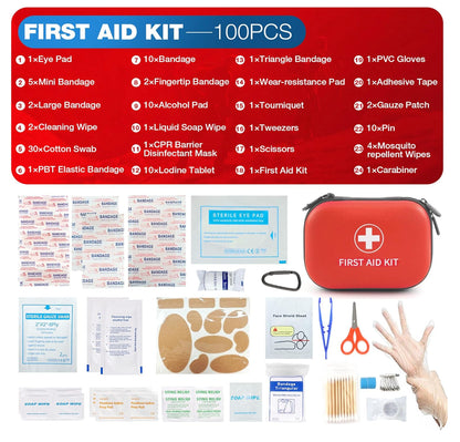 All-In-One Compact First Aid Kit with Waterproof Hard Shell Case - 100 PCS
