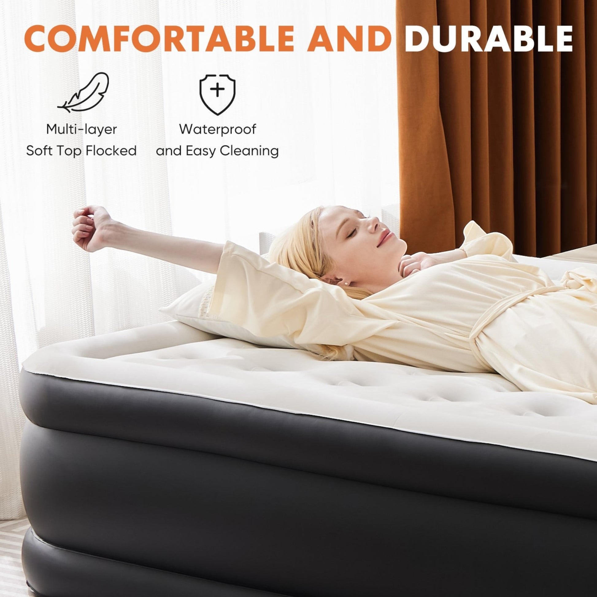 Inflatable camping airbed showing built-in pump and non-slip base