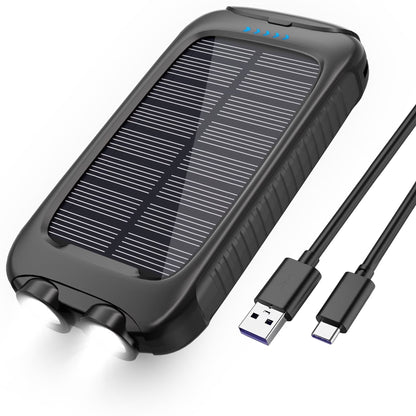 Solar power bank with dual USB ports and twin flashlights for camping