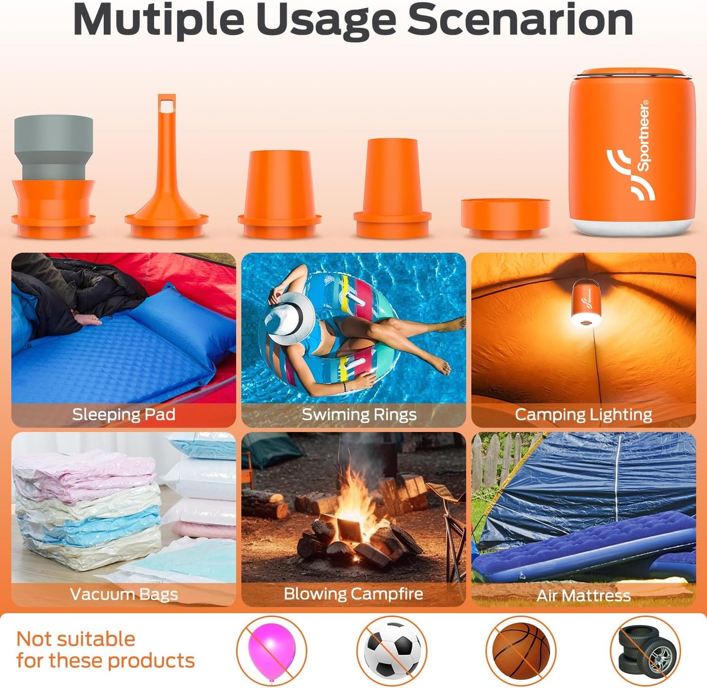 Mini Air Pump: 1600Mah Rechargeable Air Pump for Inflatables with Hook and Light Function, Air Mattress Pump for Pool Floats, Sleeping Pads, Swimming Ring, Vacuum Storage Bags, 3.6Oz