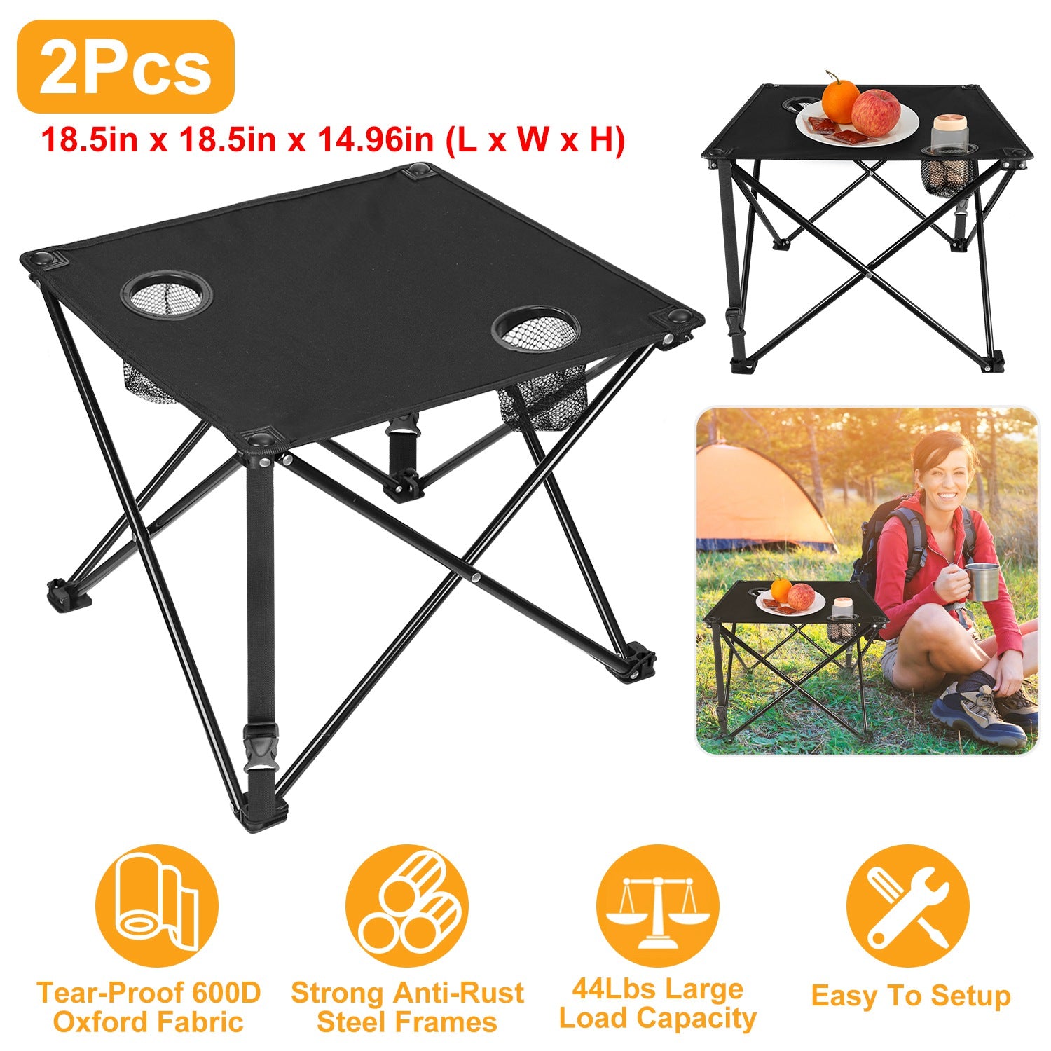 1Pc 2Pc Options Foldable Camping Table Portable Picnic Table Lightweight Travel Desk with 2 Cup Holders Carrying Bag Color Options Black Orange Green Red Blue Navy Blue