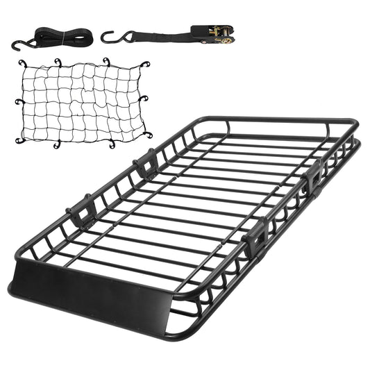 Roof rack cargo carrier loaded with camping gear under an elastic net