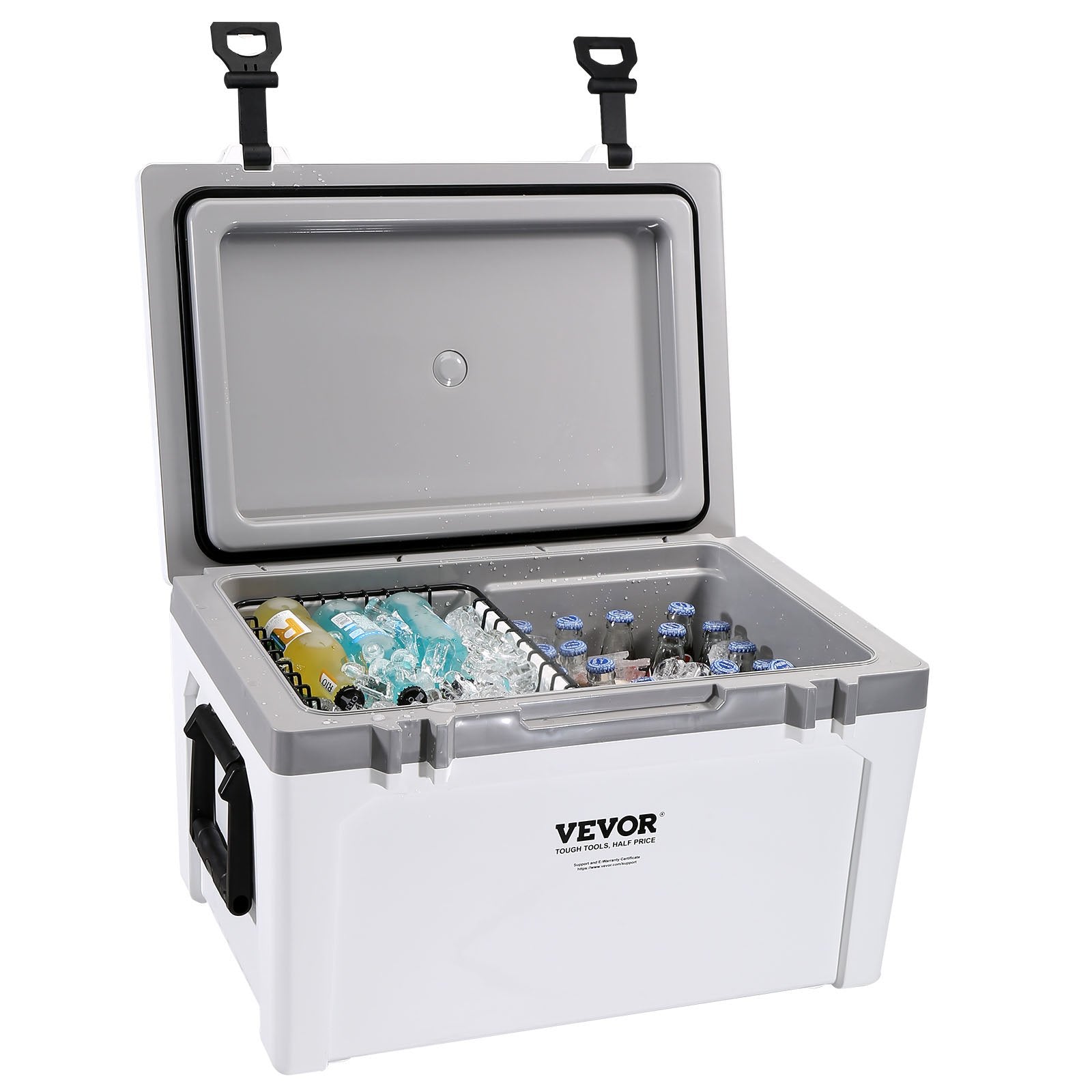 Insulated hard cooler open showing can capacity and heavy-duty handle